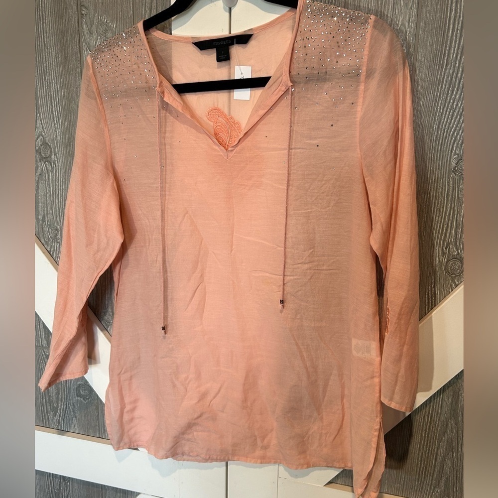 B3.39 Express salmon/peach color sheer top w/ embroidery on back& sleeves,